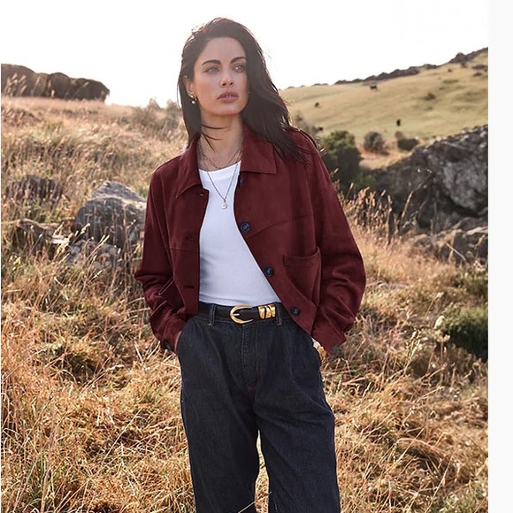 PRETTYGARDEN Faux Suede Cropped Jacket Burgundy Size L Like New - Picture 7 of 8